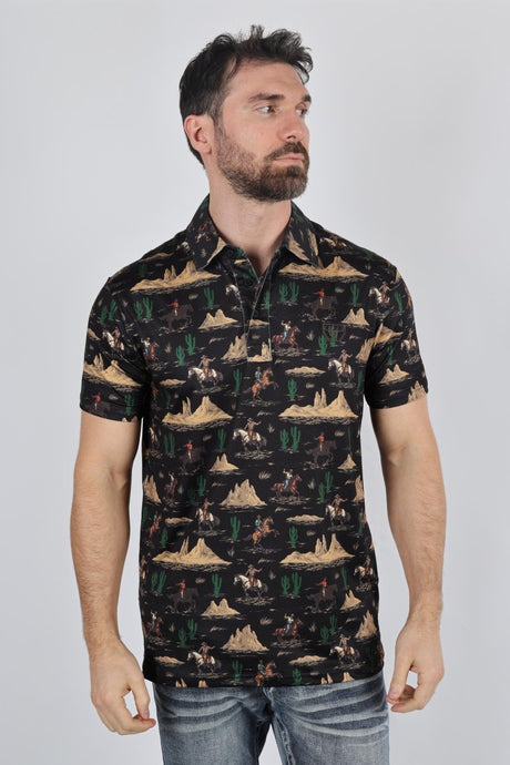 Mens Performance Fabric Modern Fit Stretch Cactus Print Polo - Platini Fashion