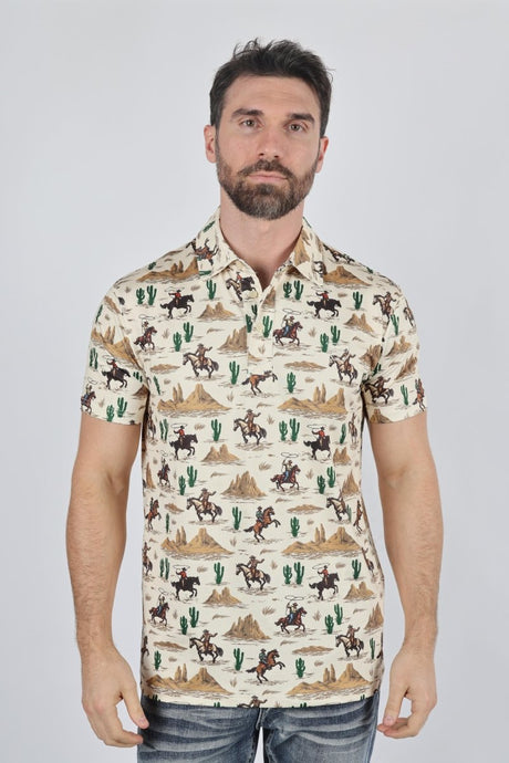 Mens Performance Fabric Modern Fit Stretch Cactus Print Polo - Platini Fashion