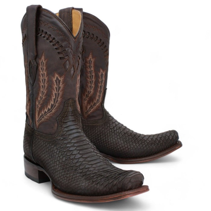 Men's Python Print Dubai Toe Leather Boots - Chocolate - Hooch Boots