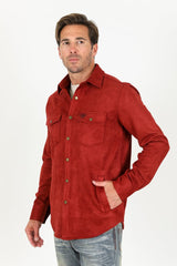 Men's Red Faux Suede Overshirt - Platini Fashion