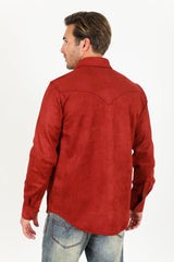 Men's Red Faux Suede Overshirt - Platini Fashion