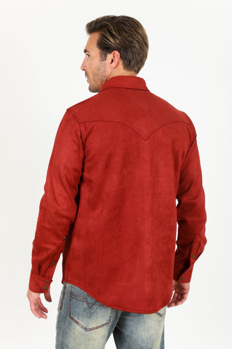 Men's Red Faux Suede Overshirt - Platini Fashion
