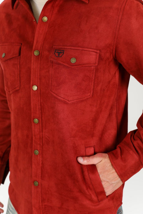 Men's Red Faux Suede Overshirt - Platini Fashion
