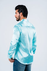 Men's Satin Dress Shirt - Aqua - Platini Fashion