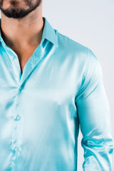 Men's Satin Dress Shirt - Aqua - Platini Fashion