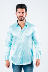 Men's Satin Dress Shirt - Aqua - Platini Fashion