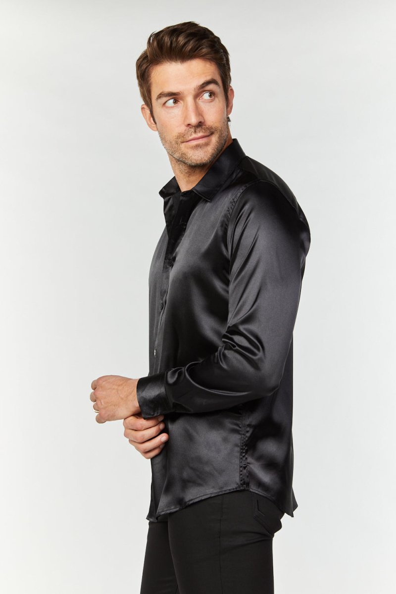 Men's Satin Dress Shirt - Black - Platini Fashion
