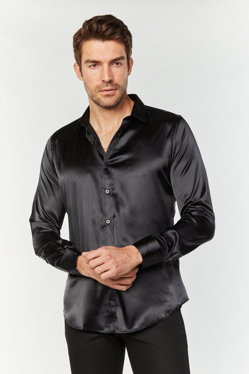 Men's Satin Dress Shirt - Black - Platini Fashion