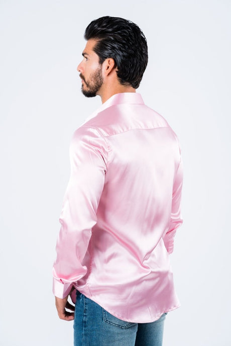 Men's Satin Dress Shirt - Pink - Platini Fashion