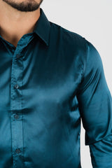 Men's Satin Dress Shirt - Teal - Platini Fashion