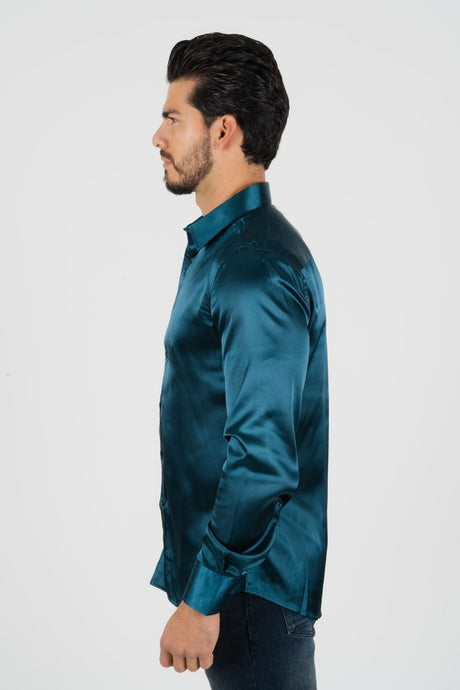 Men's Satin Dress Shirt - Teal - Platini Fashion