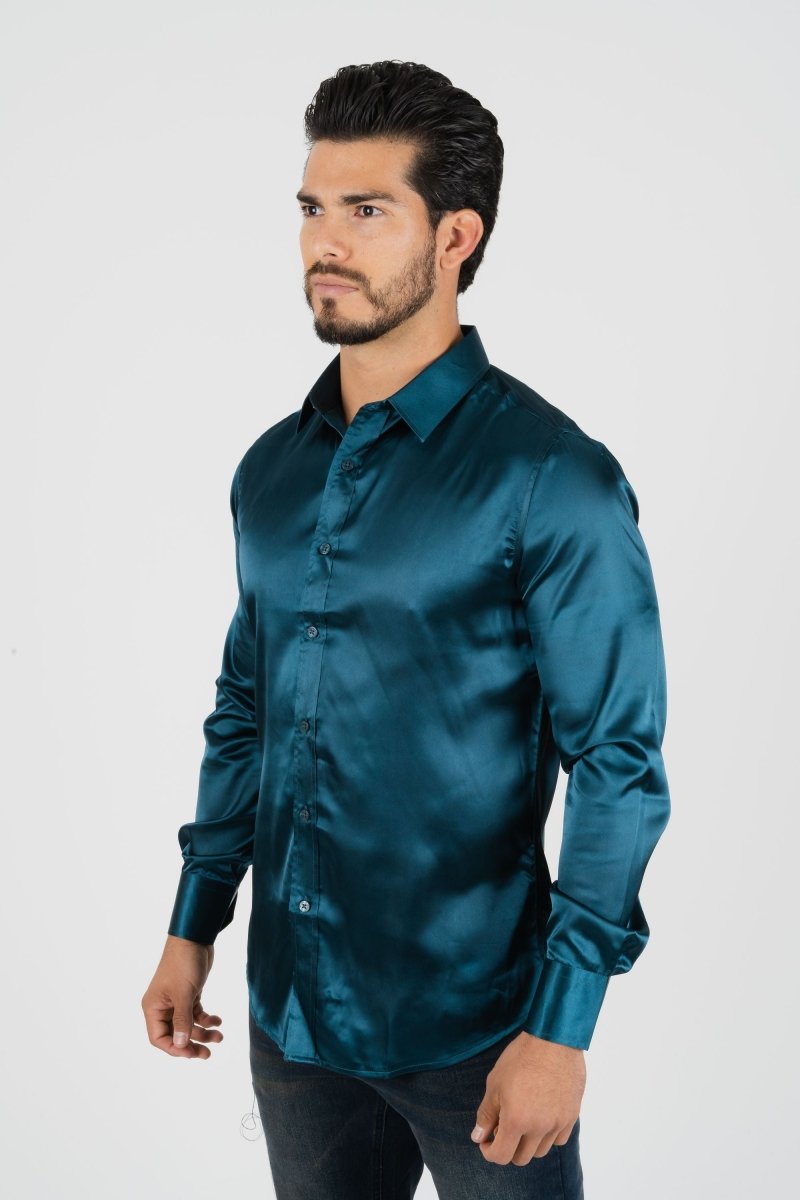 Men's Satin Dress Shirt - Teal - Platini Fashion