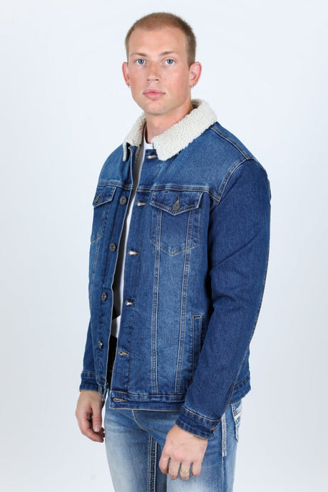 Mens Sherpa Lined Denim Jacket - Dark Blue - Platini Fashion
