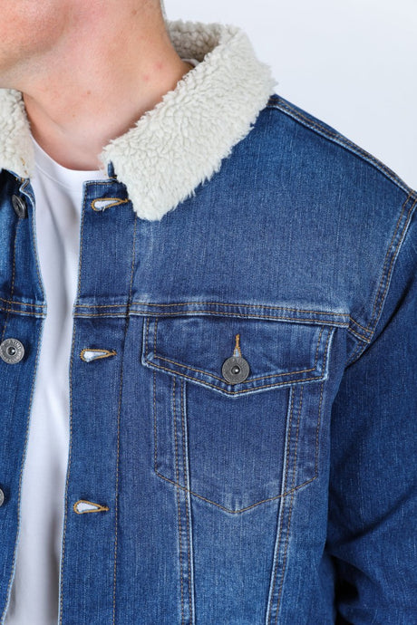 Mens Sherpa Lined Denim Jacket - Dark Blue - Platini Fashion
