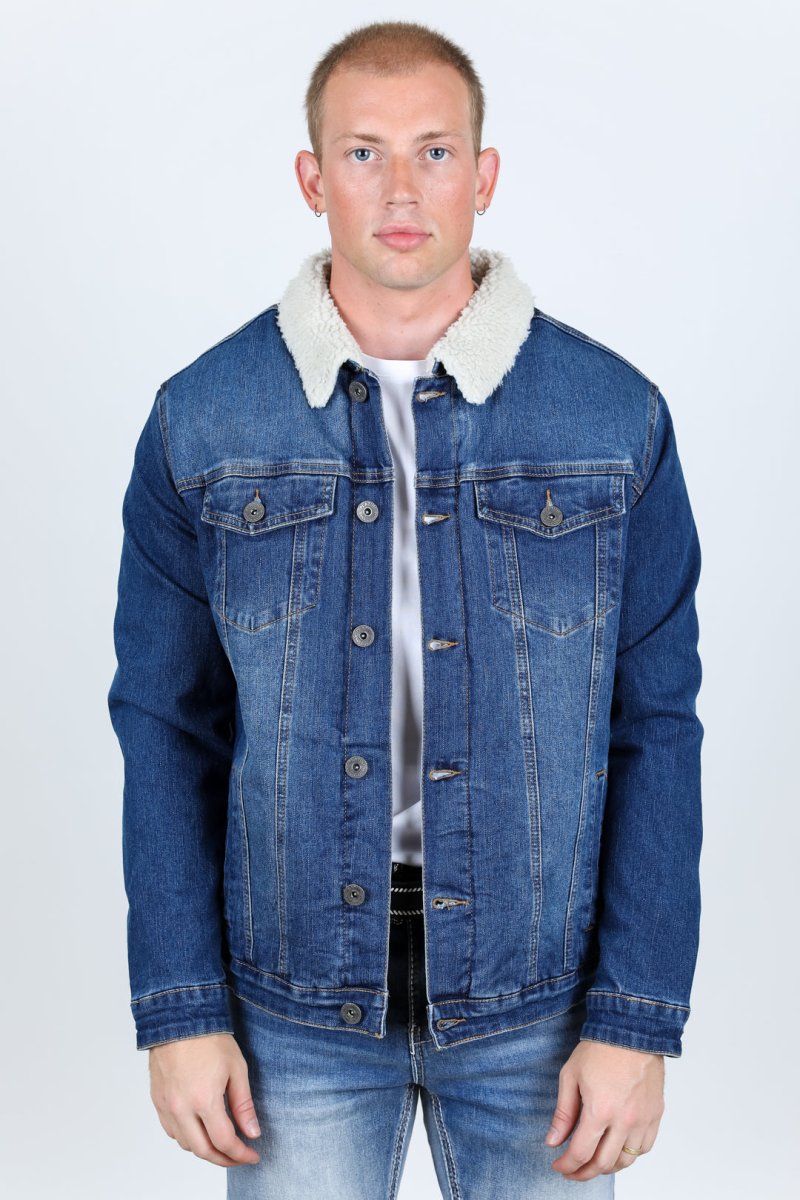 Mens Sherpa Lined Denim Jacket - Dark Blue - Platini Fashion