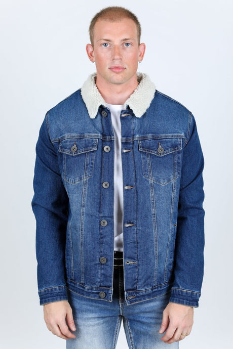 Mens Sherpa Lined Denim Jacket - Dark Blue - Platini Fashion