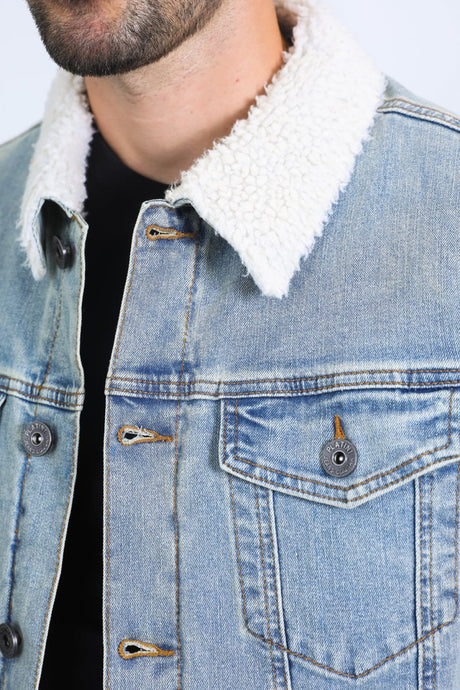 Mens Sherpa Lined Denim Jacket - Tint Blue - Platini Fashion