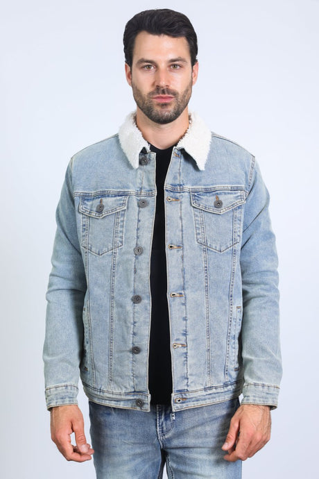 Mens Sherpa Lined Denim Jacket - Tint Blue - Platini Fashion