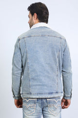 Mens Sherpa Lined Denim Jacket - Tint Blue - Platini Fashion