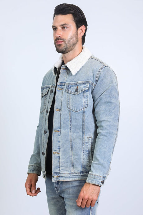 Mens Sherpa Lined Denim Jacket - Tint Blue - Platini Fashion