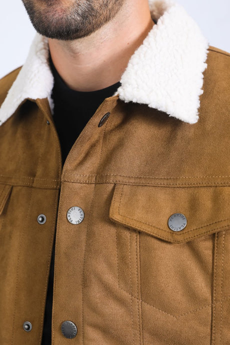 Mens Sherpa Lined Faux Suede Jacket - Camel - Platini Fashion