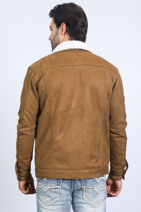 Mens Sherpa Lined Faux Suede Jacket - Camel - Platini Fashion