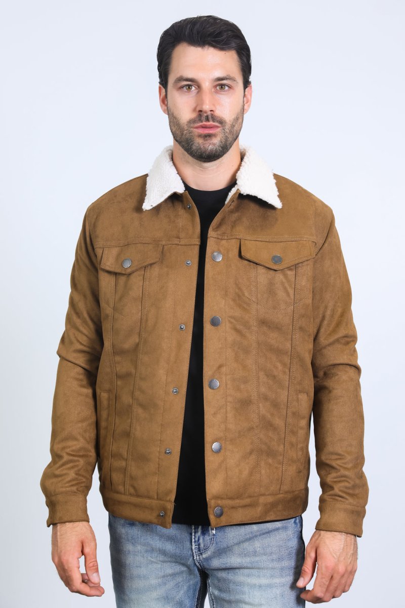 Mens Sherpa Lined Faux Suede Jacket - Camel - Platini Fashion