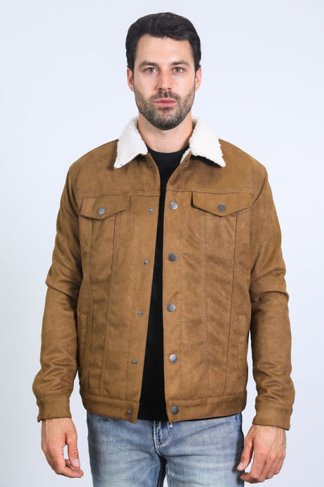 Mens Sherpa Lined Faux Suede Jacket - Camel - Platini Fashion