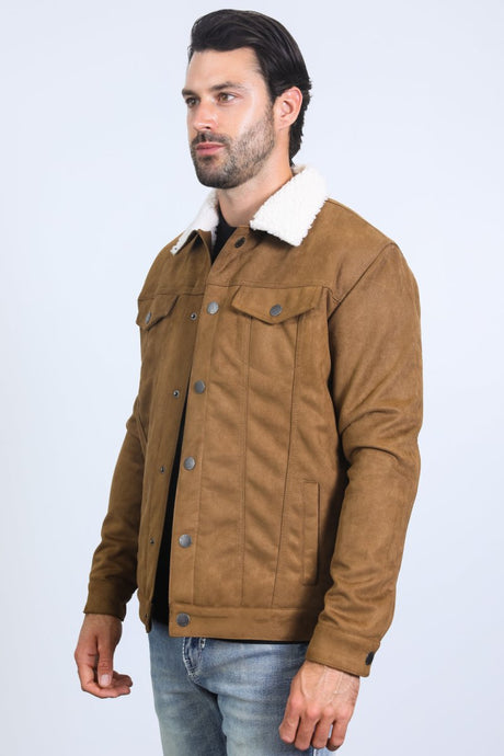 Mens Sherpa Lined Faux Suede Jacket - Camel - Platini Fashion