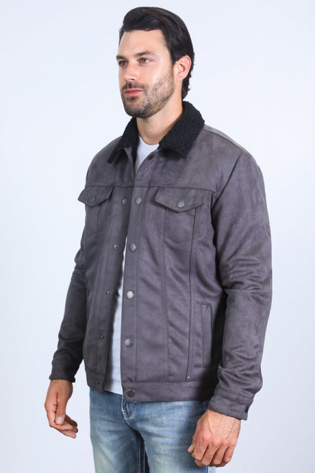 Mens Sherpa Lined Faux Suede Jacket - Charcoal - Platini Fashion