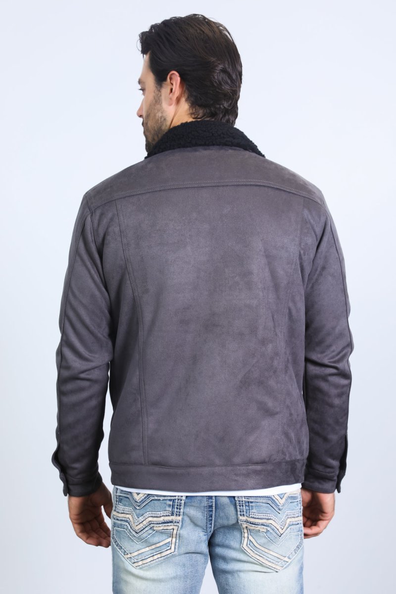 Mens Sherpa Lined Faux Suede Jacket - Charcoal - Platini Fashion