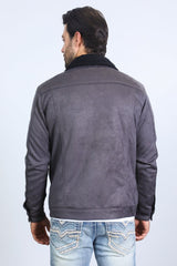 Mens Sherpa Lined Faux Suede Jacket - Charcoal - Platini Fashion