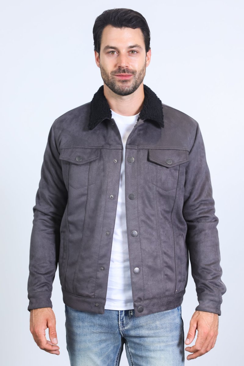 Mens Sherpa Lined Faux Suede Jacket - Charcoal - Platini Fashion
