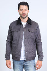 Mens Sherpa Lined Faux Suede Jacket - Charcoal - Platini Fashion