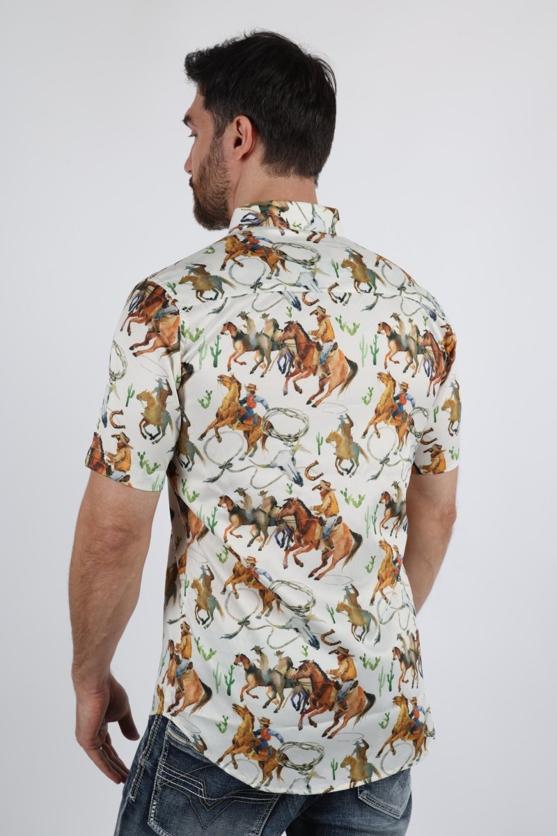 Mens Short Sleeve Modern Fit Stretch Wild Horses Print Shirt - Platini Fashion