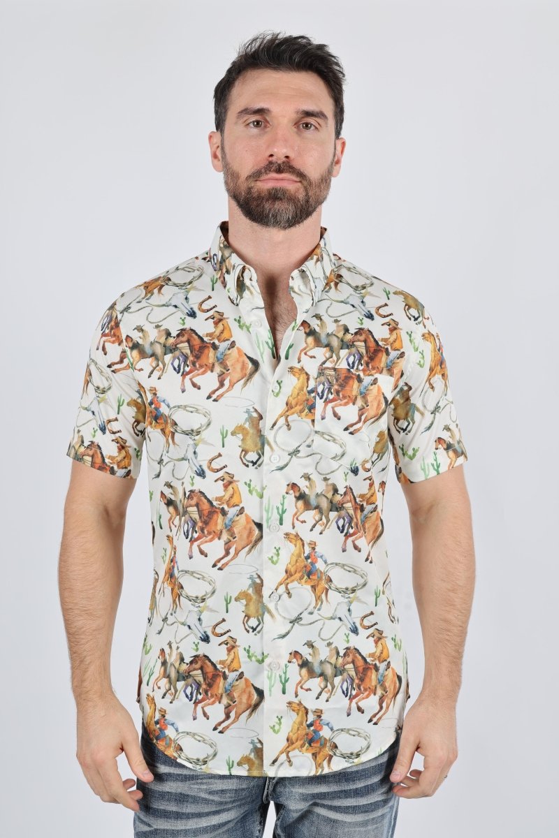 Mens Short Sleeve Modern Fit Stretch Wild Horses Print Shirt - Platini Fashion