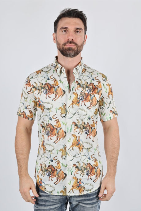 Mens Short Sleeve Modern Fit Stretch Wild Horses Print Shirt - Platini Fashion