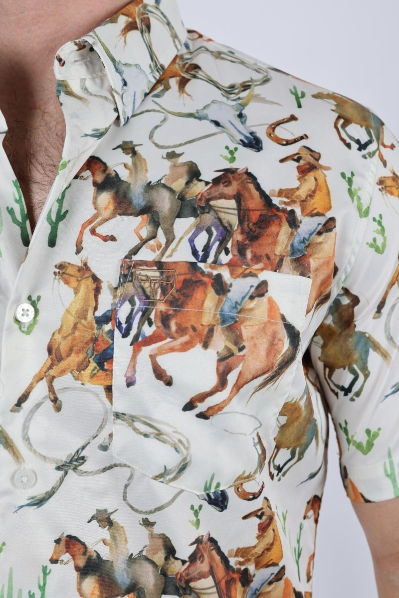 Mens Short Sleeve Modern Fit Stretch Wild Horses Print Shirt - Platini Fashion