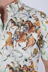 Mens Short Sleeve Modern Fit Stretch Wild Horses Print Shirt - Platini Fashion