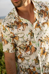 Mens Short Sleeve Modern Fit Stretch Wild Horses Print Shirt - Platini Fashion