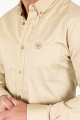 Men’s Single Pocket Logo Modern Fit Stretch Dress Shirt - Beige - Platini Fashion