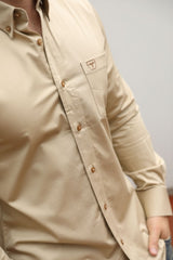 Men’s Single Pocket Logo Modern Fit Stretch Dress Shirt - Beige - Platini Fashion