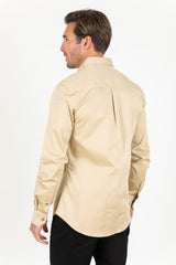 Men’s Single Pocket Logo Modern Fit Stretch Dress Shirt - Beige - Platini Fashion
