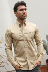 Men’s Single Pocket Logo Modern Fit Stretch Dress Shirt - Beige - Platini Fashion