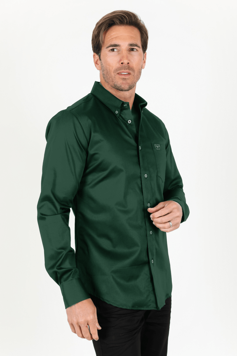 Men’s Single Pocket Logo Modern Fit Stretch Dress Shirt - Green - Platini Fashion