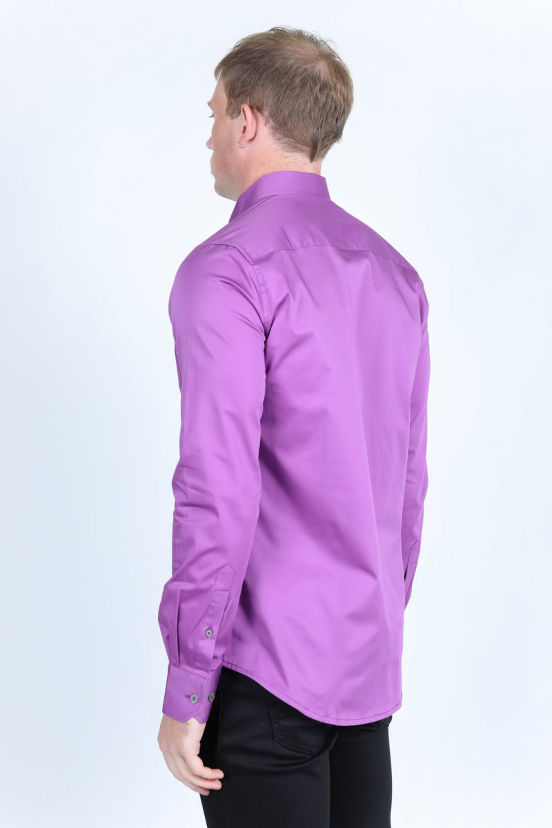 Men’s Single Pocket Logo Modern Fit Stretch Dress Shirt - Mauve - Platini Fashion