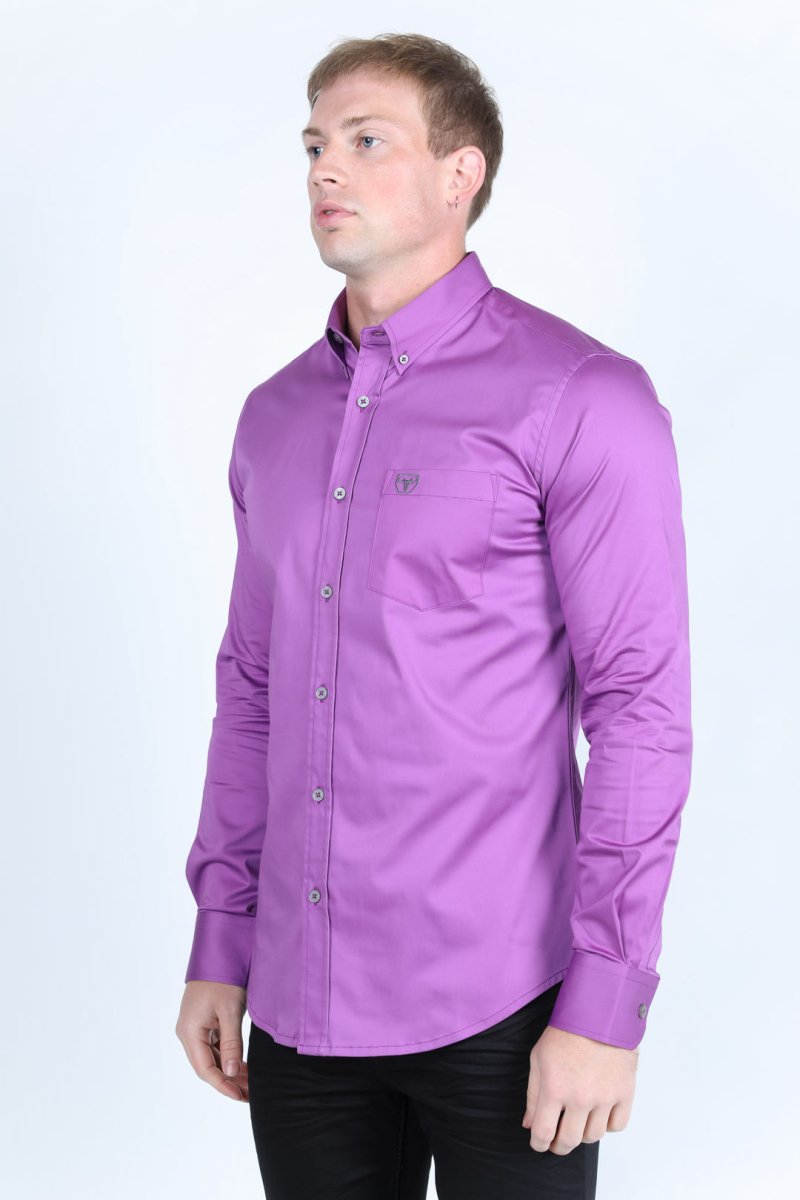 Men’s Single Pocket Logo Modern Fit Stretch Dress Shirt - Mauve - Platini Fashion