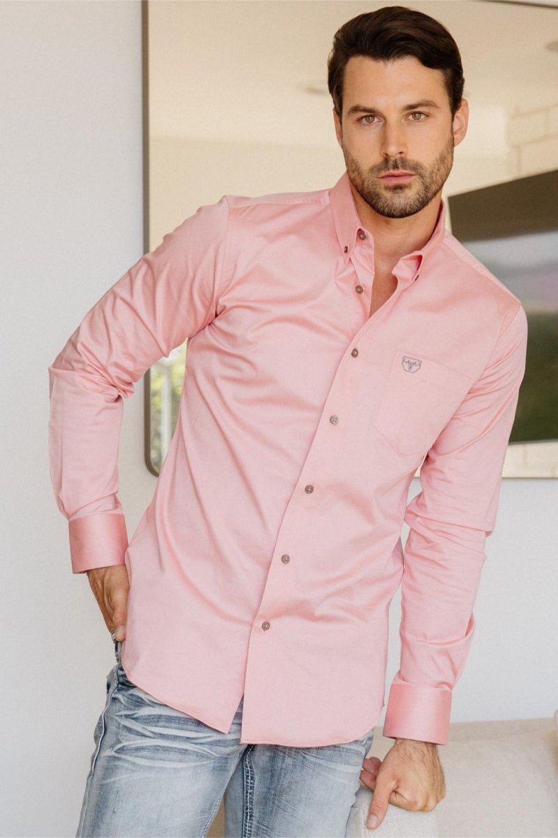 Men’s Single Pocket Logo Modern Fit Stretch Dress Shirt - Pink - Platini Fashion