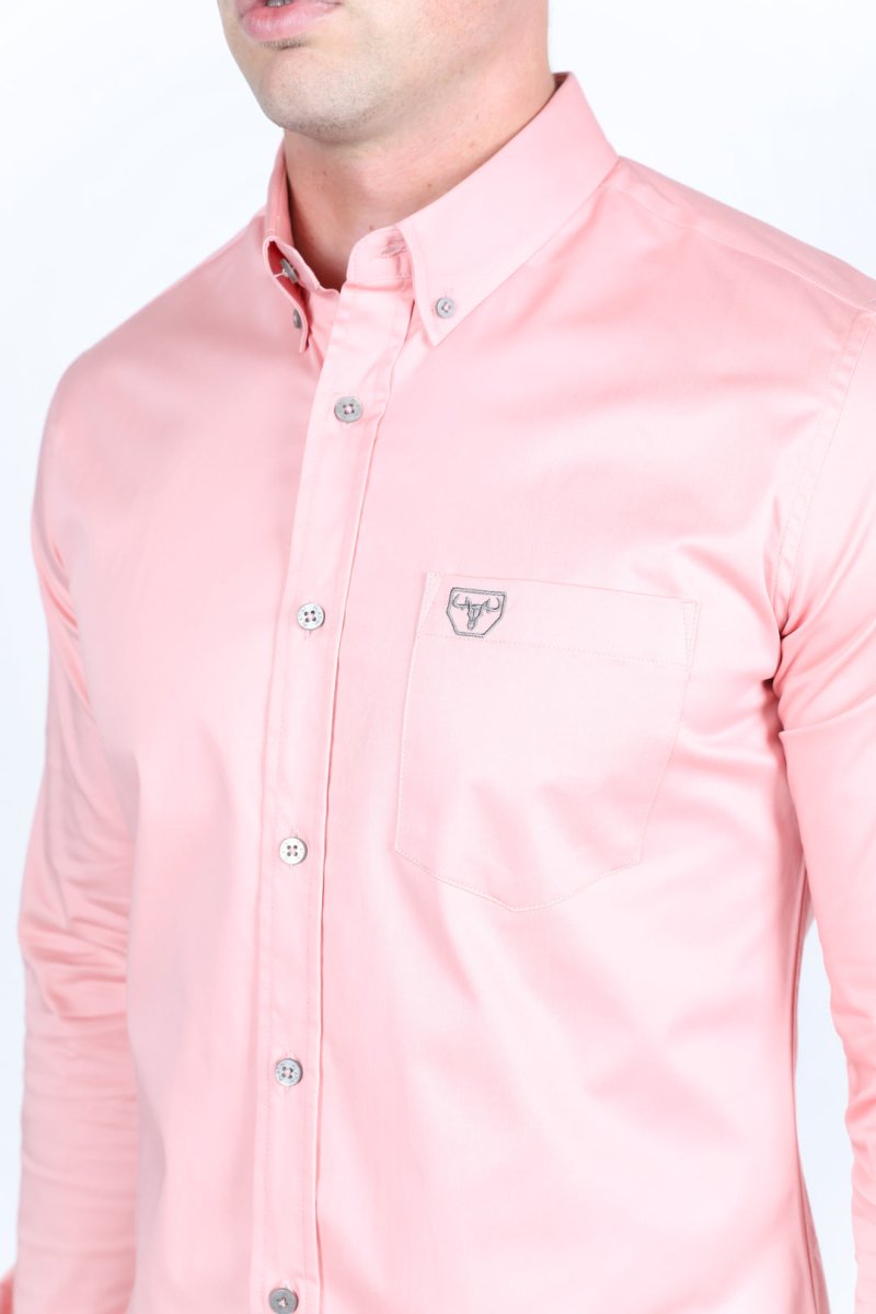 Men’s Single Pocket Logo Modern Fit Stretch Dress Shirt - Pink - Platini Fashion