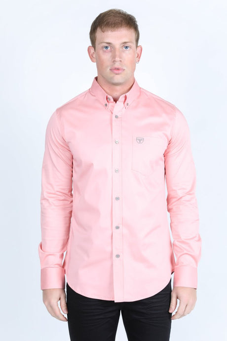 Men’s Single Pocket Logo Modern Fit Stretch Dress Shirt - Pink - Platini Fashion